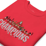 Arsenal-inspired team red sweatshirt with trophy-lift embroidery and CHAMPIONS lettering