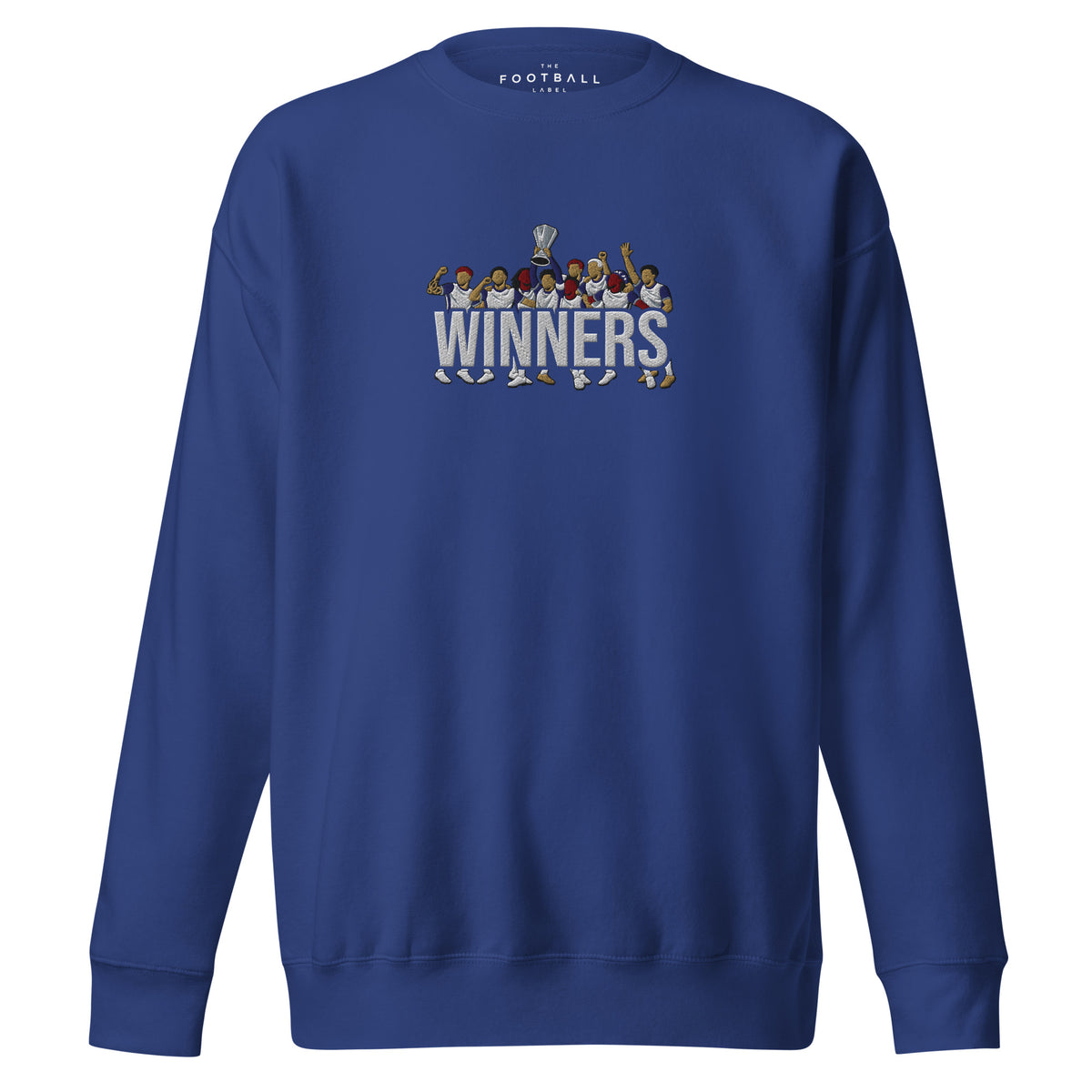 Tottenham Hotspur-inspired team royal sweatshirt with trophy-lift embroidery and WINNERS lettering