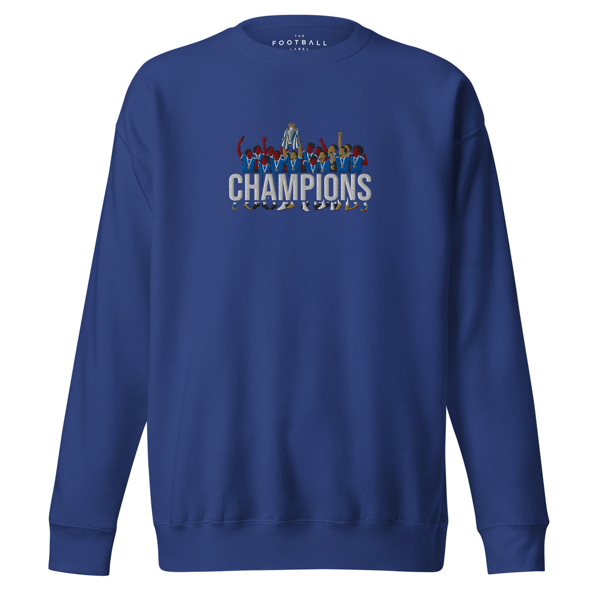 Chelsea-inspired team royal sweatshirt with trophy-lift embroidery and CHAMPIONS lettering
