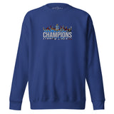 Manchester City-inspired team royal sweatshirt with trophy-lift embroidery and CHAMPIONS lettering