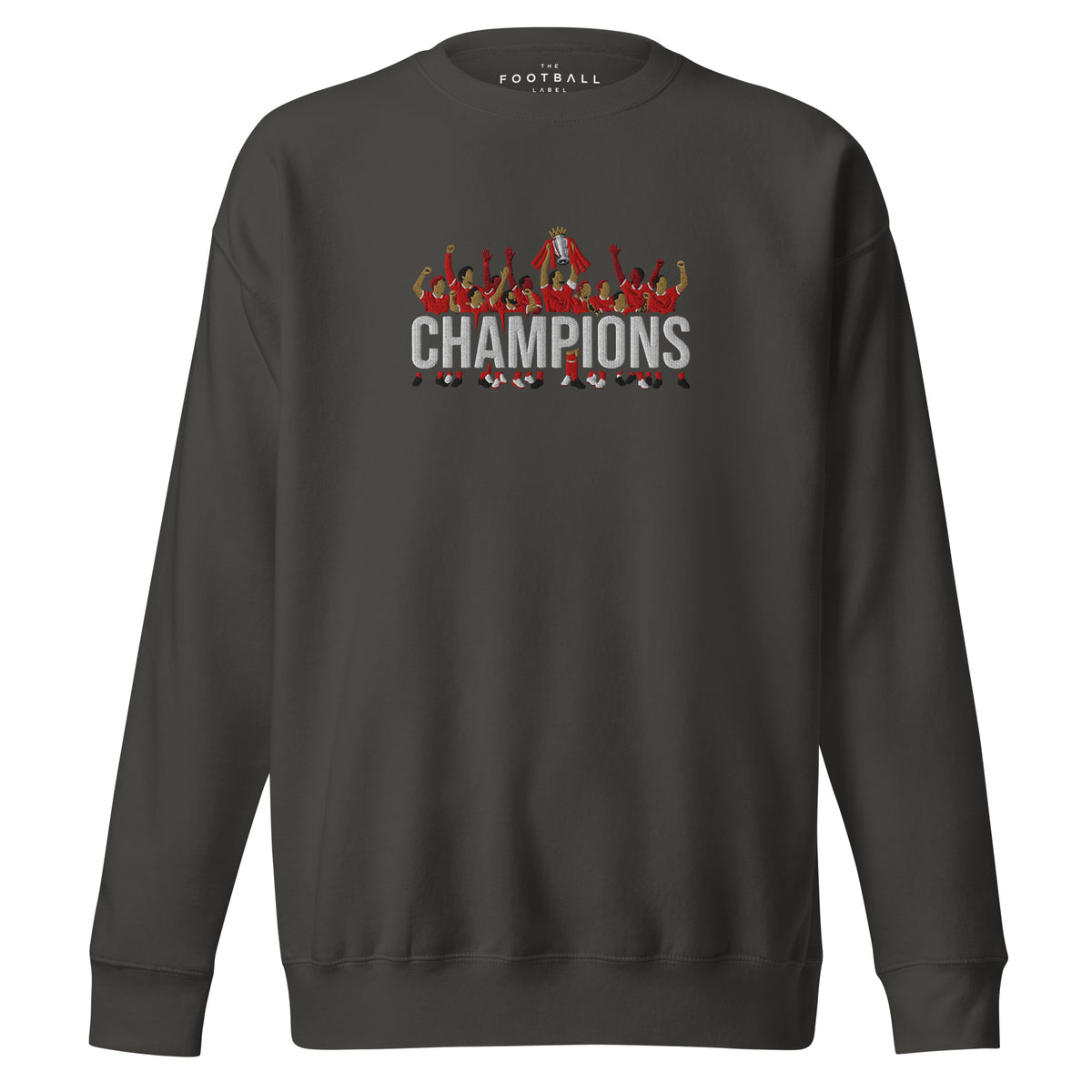 Liverpool-inspired vintage black sweatshirt with trophy-lift embroidery and CHAMPIONS lettering