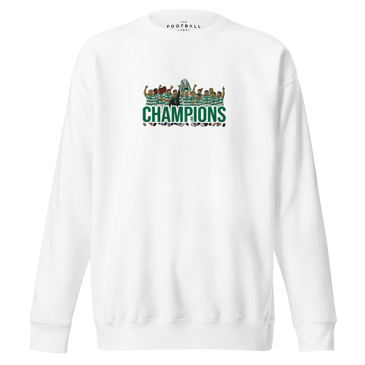 Celtic-inspired white sweatshirt with trophy-lift embroidery and CHAMPIONS lettering