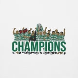 Celtic-inspired white sweatshirt with trophy-lift embroidery and CHAMPIONS lettering