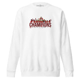 Arsenal-inspired white sweatshirt with trophy-lift embroidery and CHAMPIONS lettering