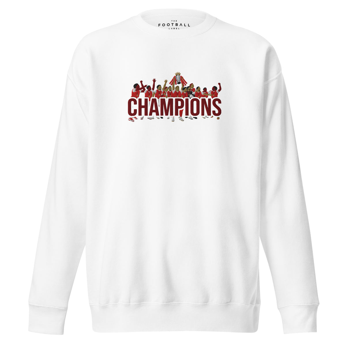 Arsenal-inspired white sweatshirt with trophy-lift embroidery and CHAMPIONS lettering