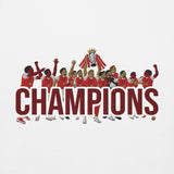 Arsenal-inspired white sweatshirt with trophy-lift embroidery and CHAMPIONS lettering