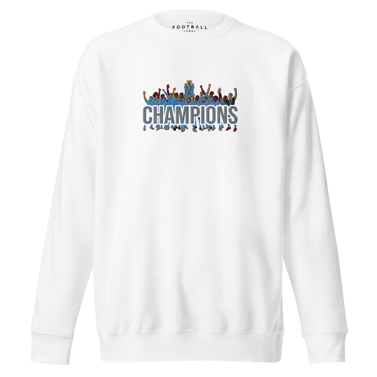 Manchester City-inspired white sweatshirt with trophy-lift embroidery and CHAMPIONS lettering