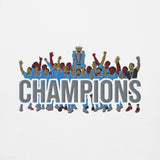 Manchester City-inspired white sweatshirt with trophy-lift embroidery and CHAMPIONS lettering