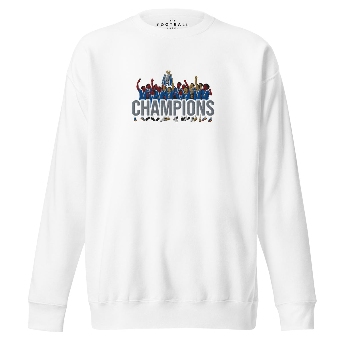 Chelsea-inspired white sweatshirt with trophy-lift embroidery and CHAMPIONS lettering