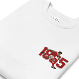 Close-up of Nottingham 1865 retro embroidery on white sweatshirt
