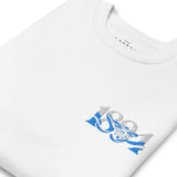 Close-up of Manchester 1894 Worker Bee embroidery on white sweatshirt
