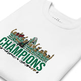 Celtic-inspired white sweatshirt with trophy-lift embroidery and CHAMPIONS lettering