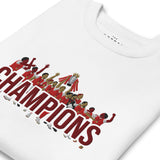 Arsenal-inspired white sweatshirt with trophy-lift embroidery and CHAMPIONS lettering