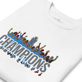 Manchester City-inspired white sweatshirt with trophy-lift embroidery and CHAMPIONS lettering