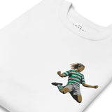 Henrik Larsson inspired Celtic embroidered football sweatshirt in white, close-up embroidery detail
